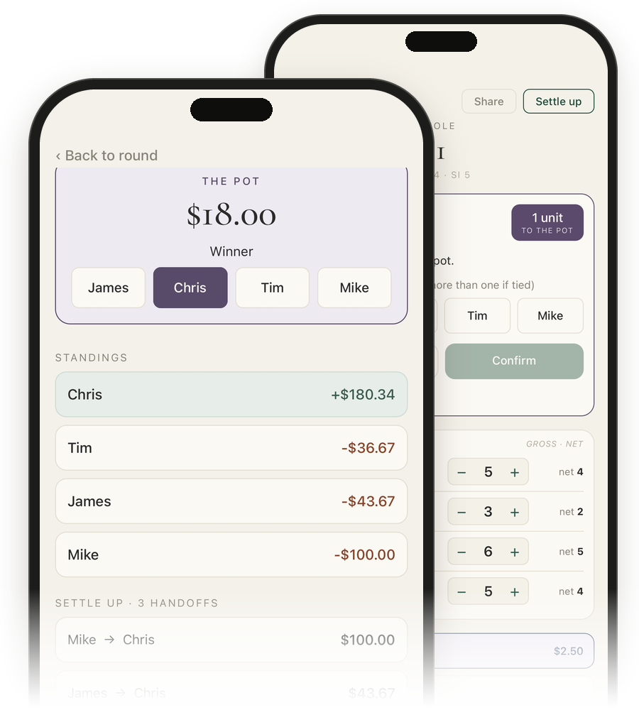 Ante app settle-up and in-round screens